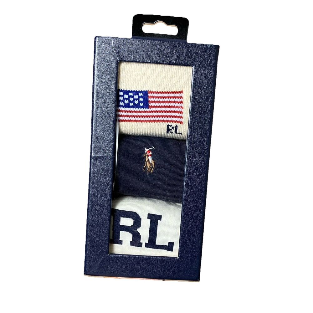 Polo Ralph Lauren Socks Womens 9-11 Pony Flag 3 Pair Gift Box Preppy Americana
